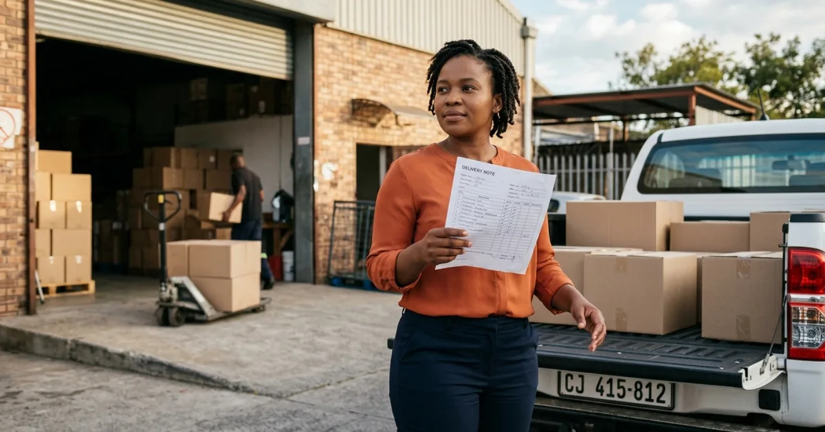 First-generation South African SMME owner preparing a purchase order for delivery after securing funding without collateral or credit history