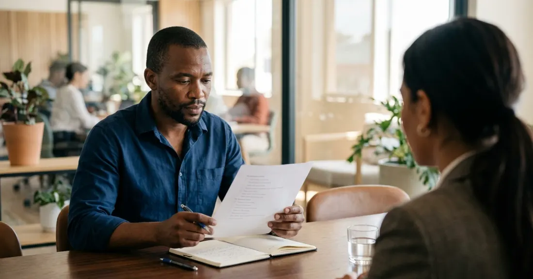 Purchase order funder questions checklist reviewed by South African SMME owner at a business meeting