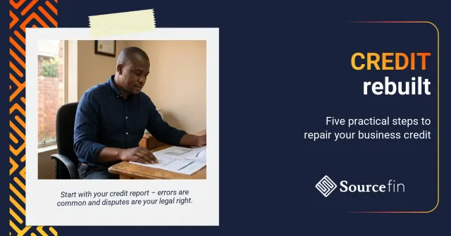 rebuild business credit score South Africa – business owner reviewing financial documents at office desk
