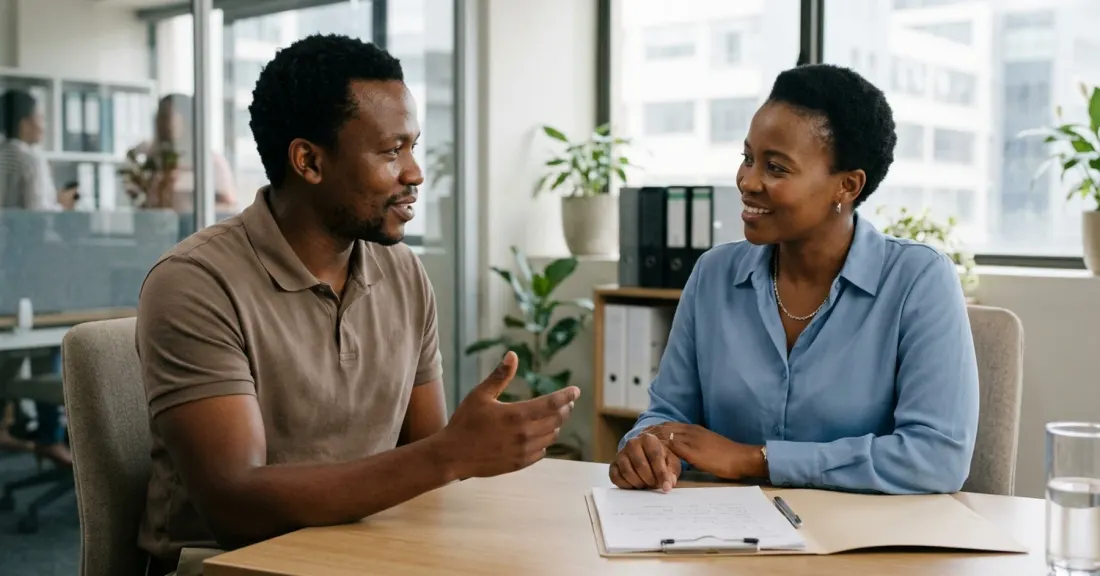 South African SMME owner discussing recourse vs non-recourse invoice factoring with a finance professional