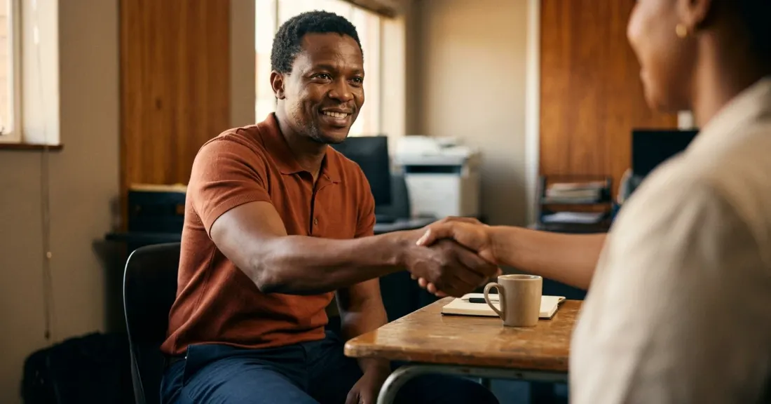 South African SMME owner shaking hands with a buyer after he chose to register a business in South Africa