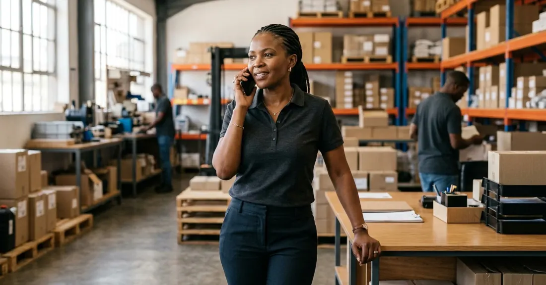 Purchase order funder call: South African female SMME owner speaking confidently in warehouse office