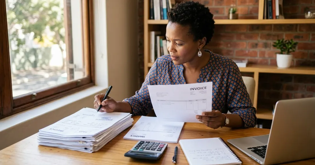Repeat invoice discounting South Africa in practice: SA SMME owner reviewing the next invoice after several already-funded deals