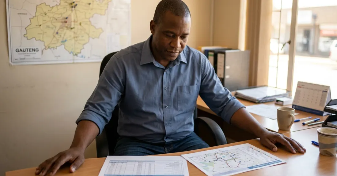 rising costs SMME South Africa: SA logistics owner reviewing a 2026 monthly cost summary