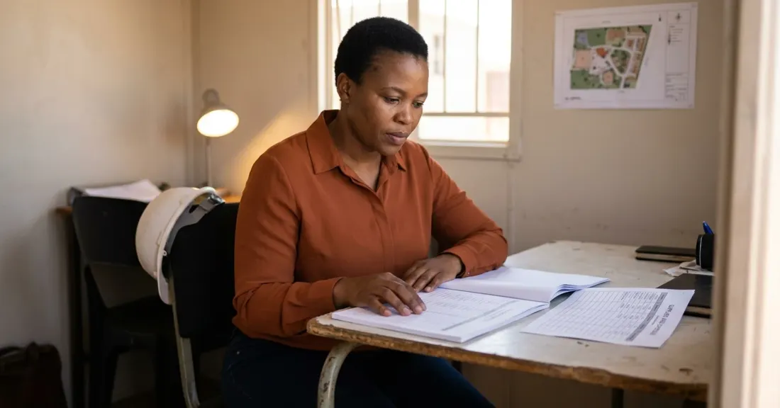 Rising costs SMME South Africa: civils contractor reviewing a project ledger and supplier schedule