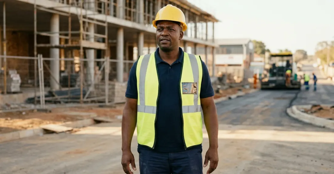 South African SMME contractor at a government infrastructure project representing SA economic outlook opportunities for tender businesses