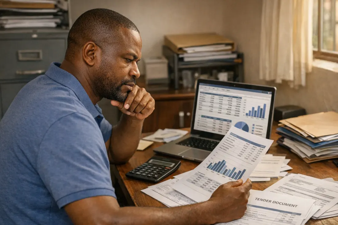 South African SMME owner reviewing funding statistics showing 85 percent of businesses under R1m turnover
