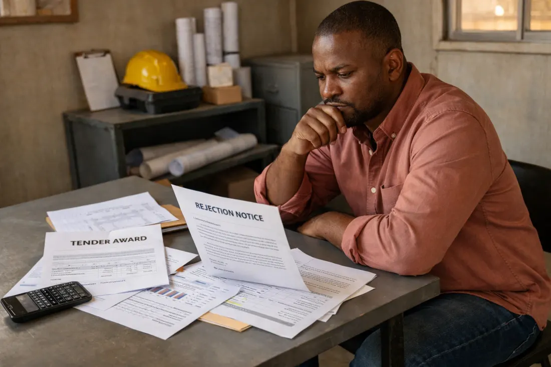 South African SMME owner reviewing traditional bank loan rejection despite viable tender opportunity