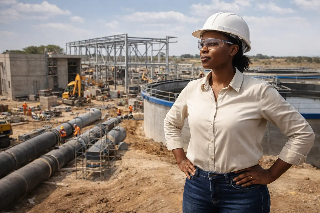 Female SMME contractor overseeing water treatment facility construction on-site with active project in background