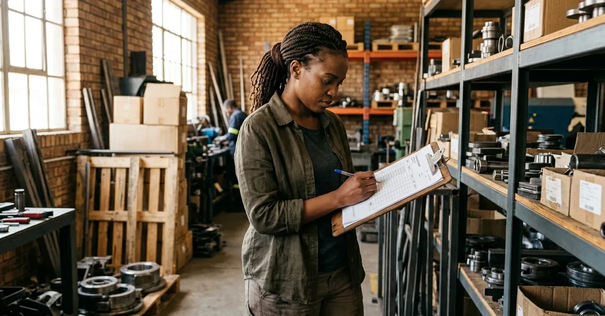 South African SME owner checking stock against a confirmed purchase order in a workshop store room