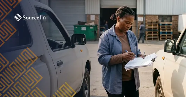 South African SME owner signing off delivery paperwork between two bakkies at a depot