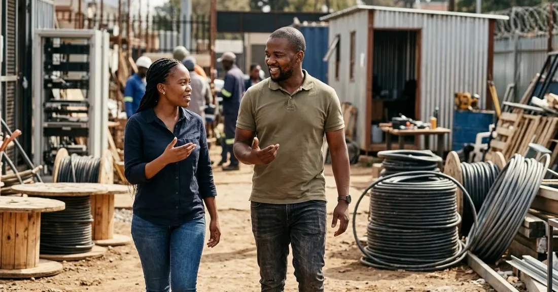 Sourcefin reviews: South African business owner working with team on a busy services site