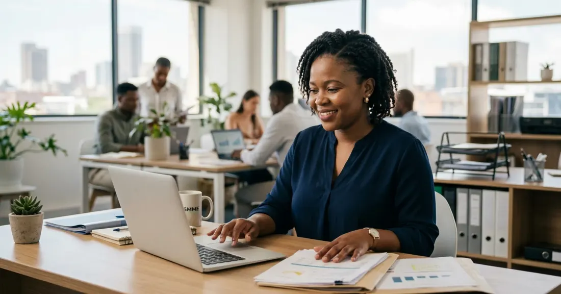 South African SMME business owner reviewing financial documents – budget 2026 VAT threshold increase from R1 million to R2.3 million