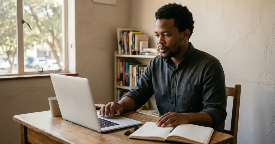Start a business with no money South Africa: young SA entrepreneur registering a company on a laptop