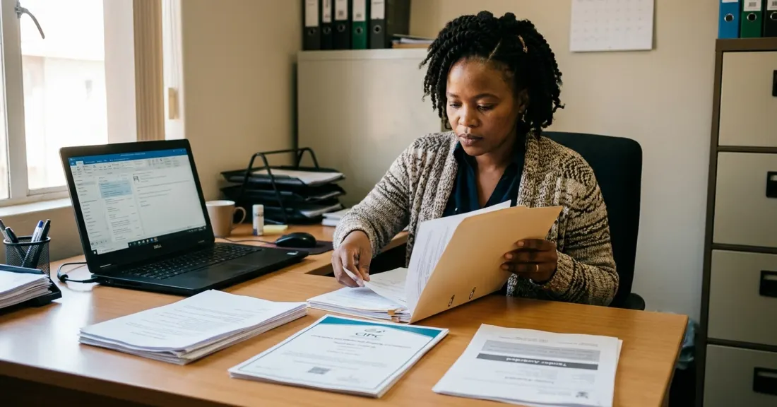 tender funding first-time bidders South Africa – South African SMME owner organising her documents for a first tender funding application