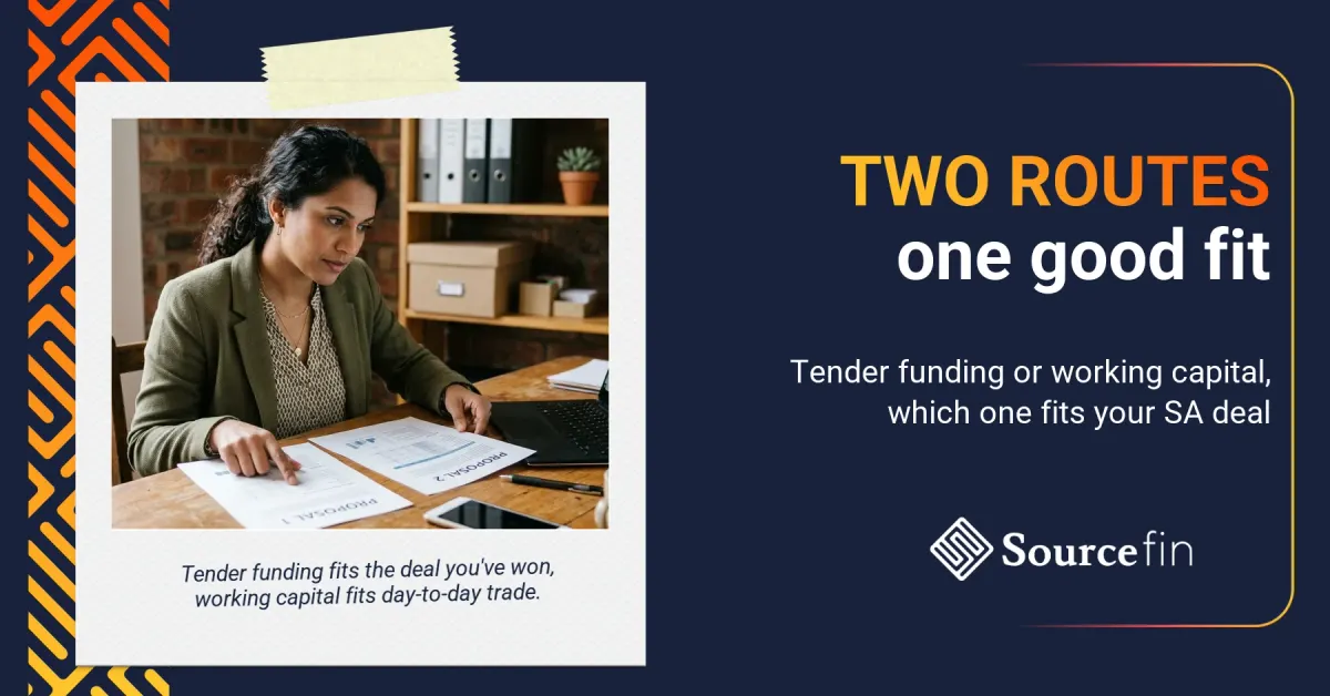 tender funding vs working capital South Africa – South African SMME owner comparing two funding proposals at her desk