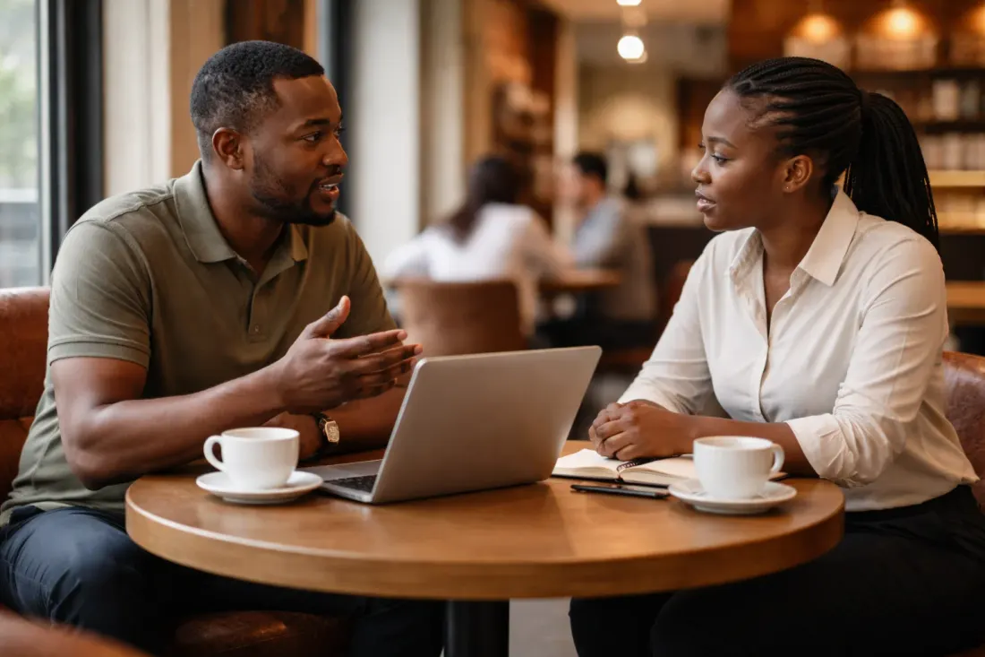 Two South African business owners meeting at coffee shop discussing government tender opportunities and funding requirements