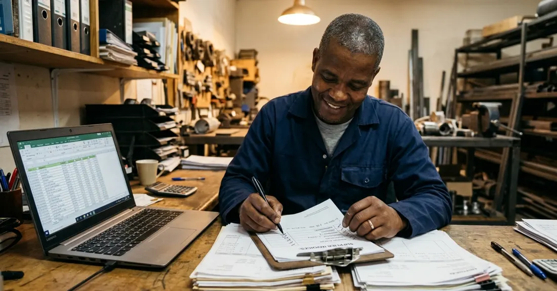 what invoices qualify invoice discounting South Africa – South African SMME owner working through invoices with a fundability checklist
