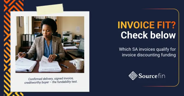 what invoices qualify invoice discounting South Africa – South African SMME owner sorting invoices into fundable and not-fundable piles