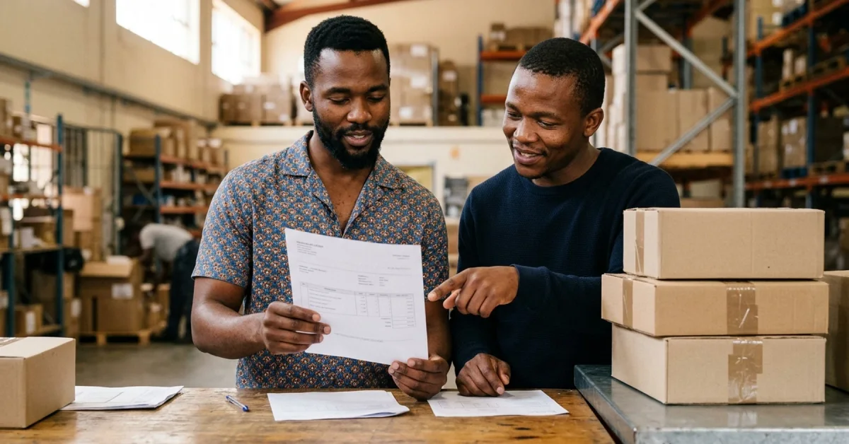 South African SMME owner checking the line items and specifications on a purchase order at a warehouse desk
