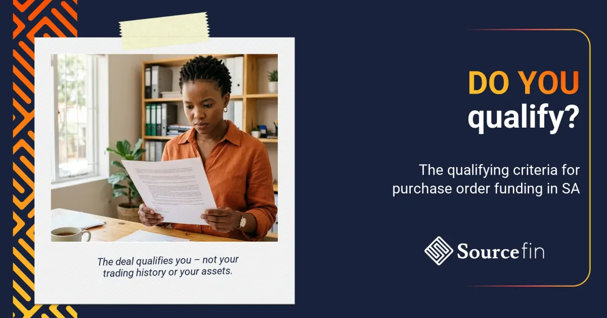 Purchase order funding eligibility criteria reviewed by South African female SMME owner with tender document