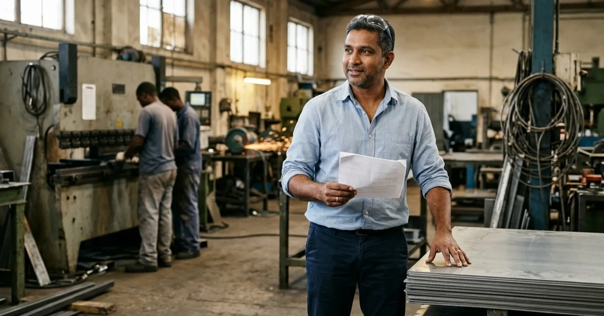 Manufacturing SME owner checking supplier stock against a confirmed order in a busy workshop