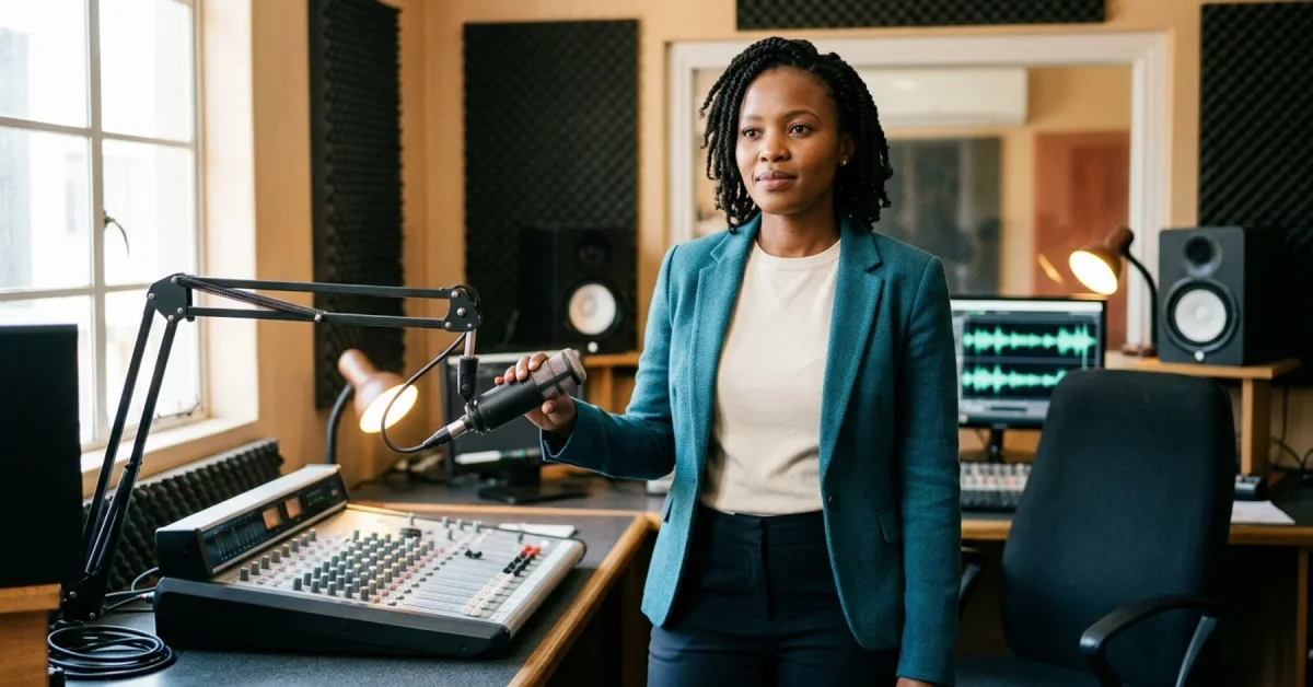 South African agency owner in a community radio studio beside a mixing desk