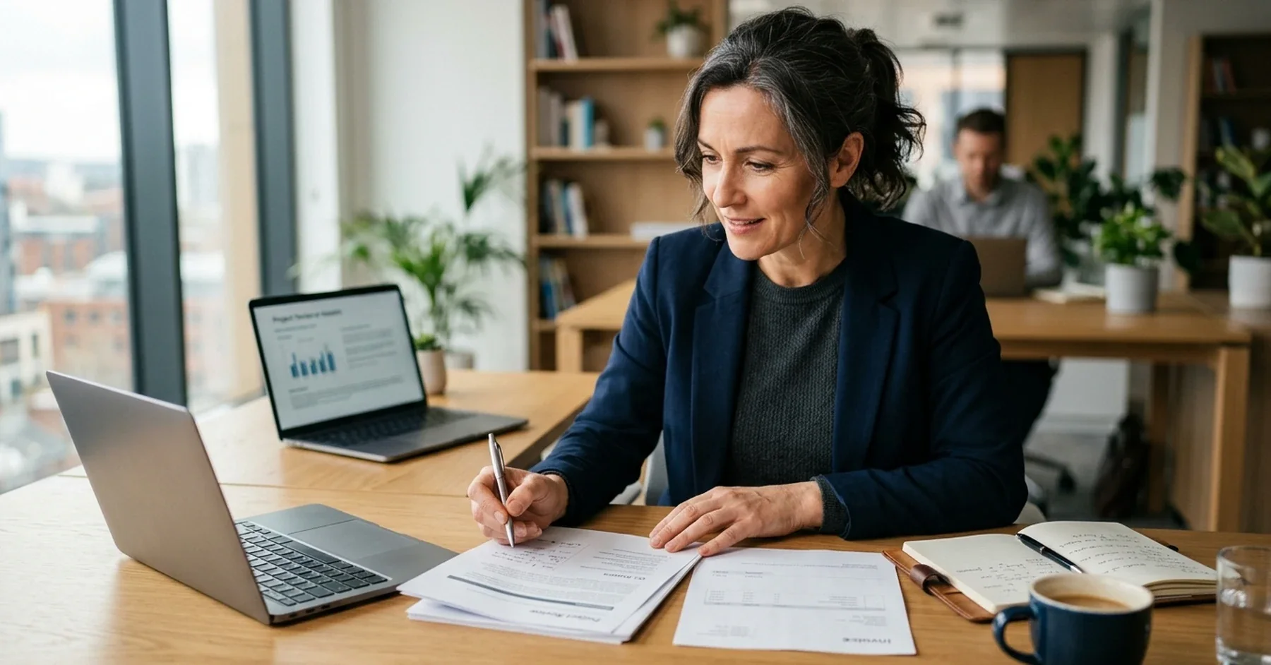 South African professional-services SMME owner reviewing a confirmed invoice in her office