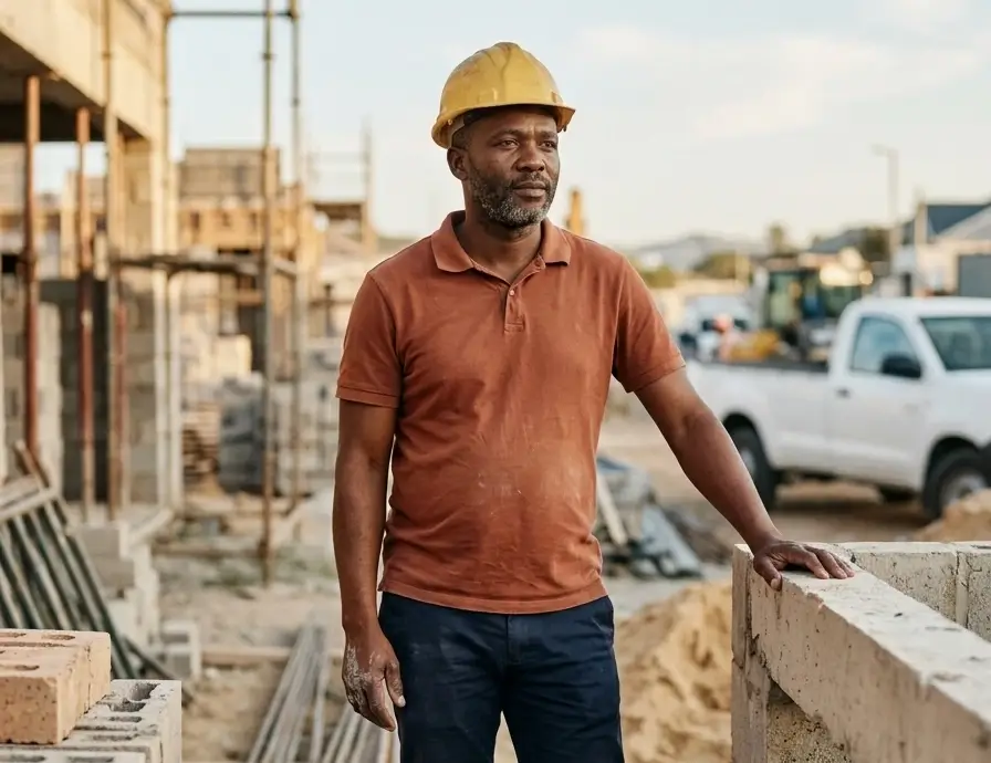 South African construction SMME owner on a building site with a confirmed purchase order