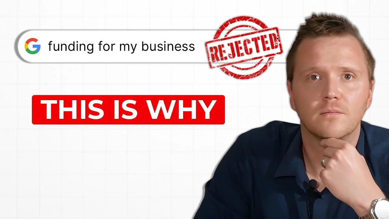 Man beside a funding search stamped rejected under the words this is why