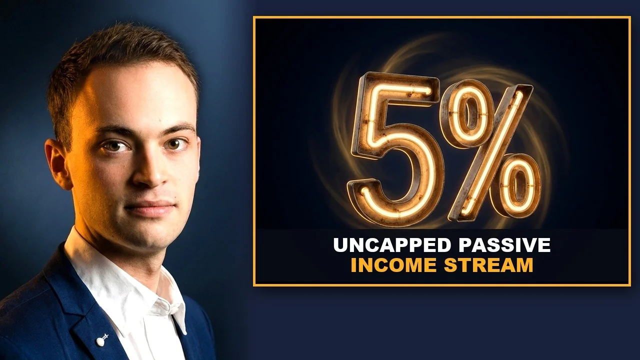 Justin Blem beside a glowing 5% sign headed uncapped passive income stream