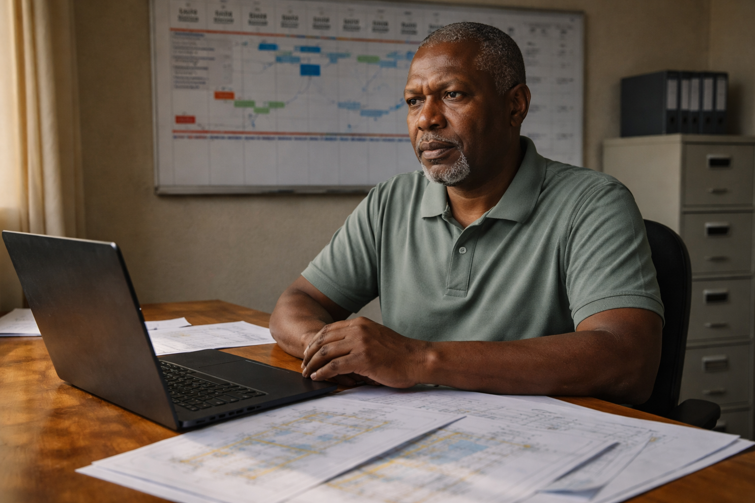 SMME contractor reviewing project finances and cash flow planning in office