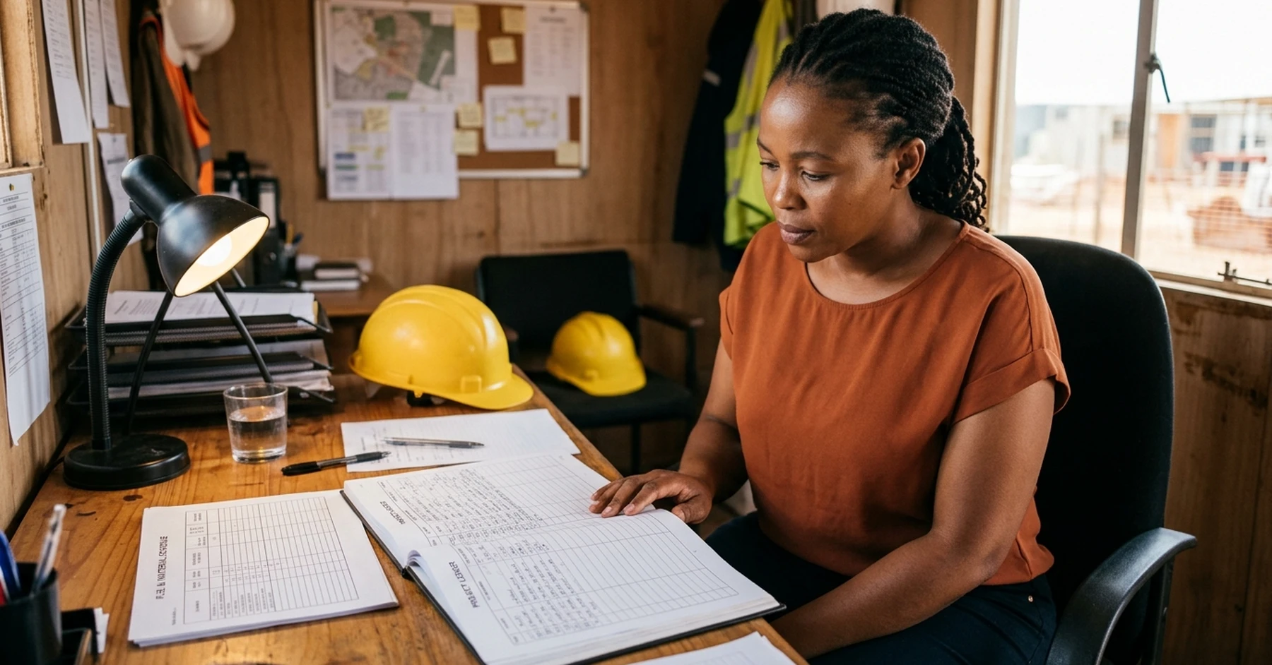 South African construction SMME owner reviewing a project ledger to plan business fuel loans South Africa application