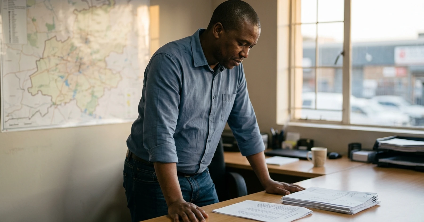 South African logistics SMME owner planning fuel funding strategy with invoices and route schedule