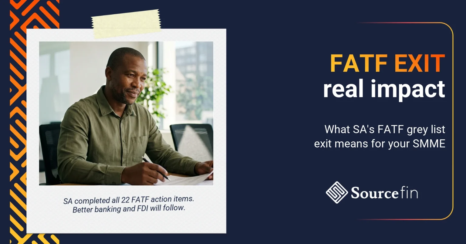 South African SMME business owner reviewing documents reflecting on the FATF grey list South Africa exit and its business implications