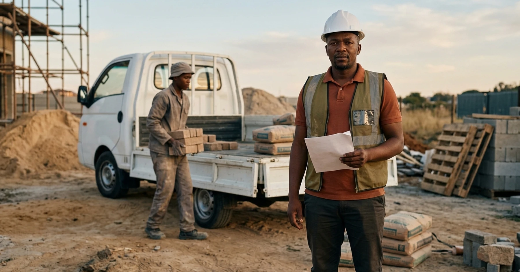 South African SMME owner at a construction site holding a purchase order while a delivery truck unloads materials