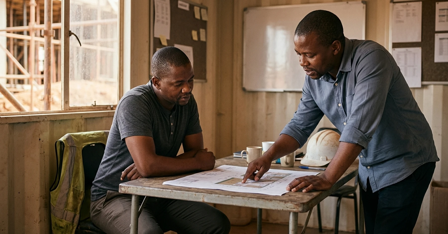 South African contractor and Sourcefin partner reviewing project plans on a construction site office desk