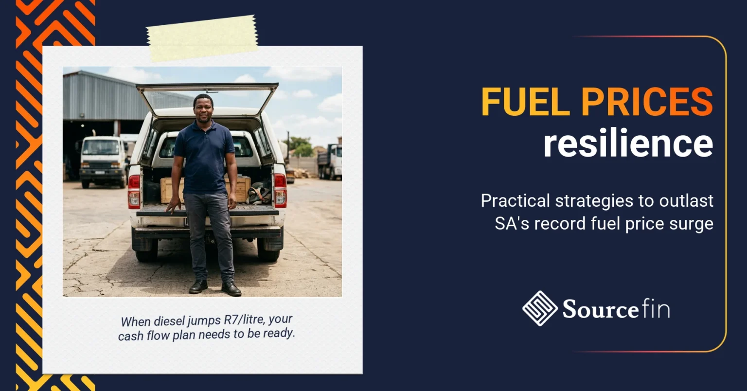 South African logistics SMME owner at his bakkie reviewing fuel price resilience strategies in an industrial yard