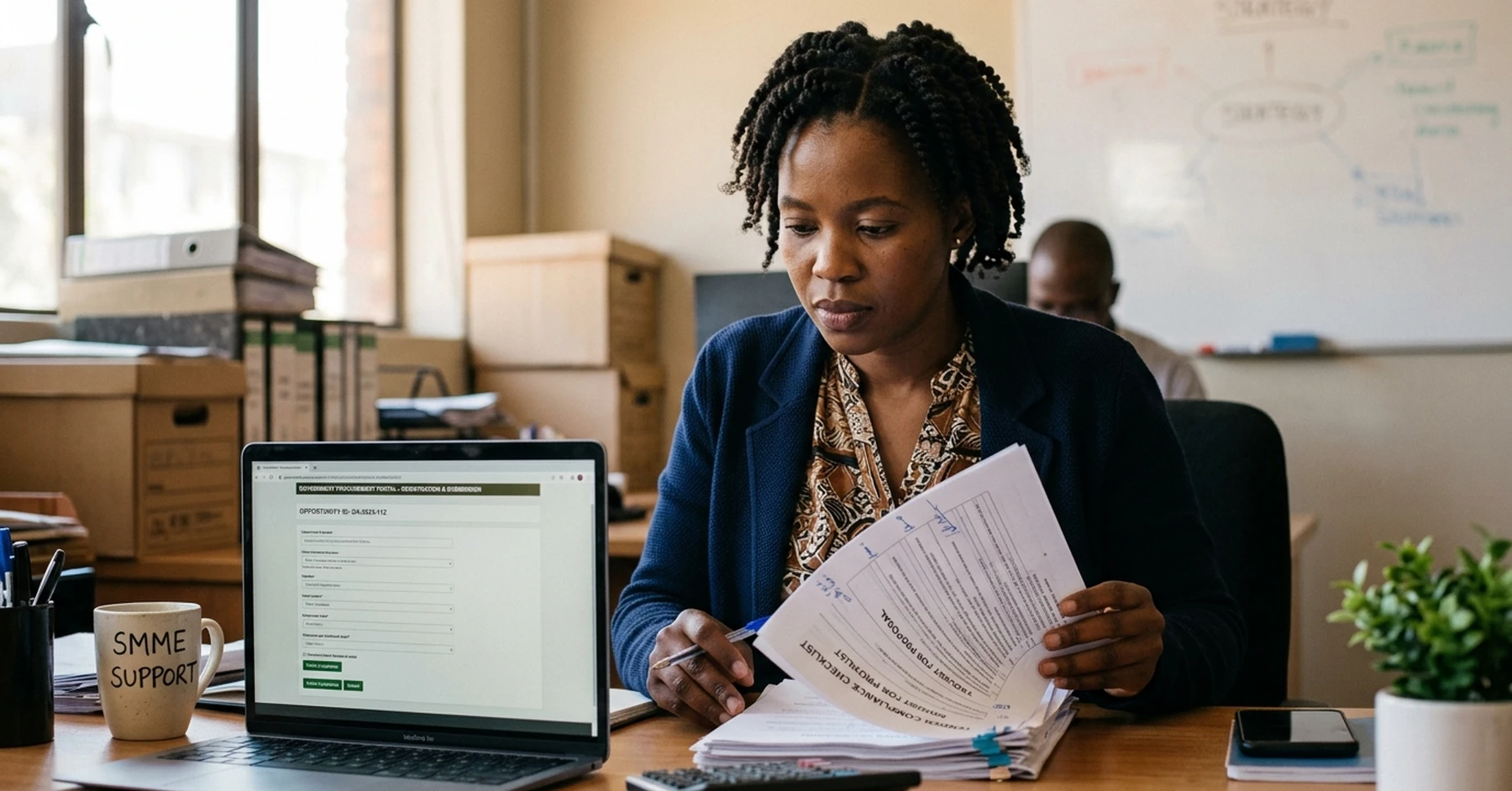 South African SMME owner reviewing government infrastructure tender compliance documents and CSD registration requirements