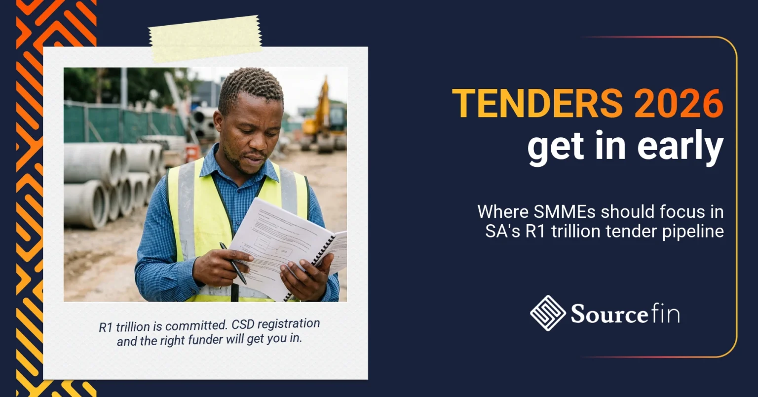South African SMME contractor reviewing government infrastructure tender documents at construction site