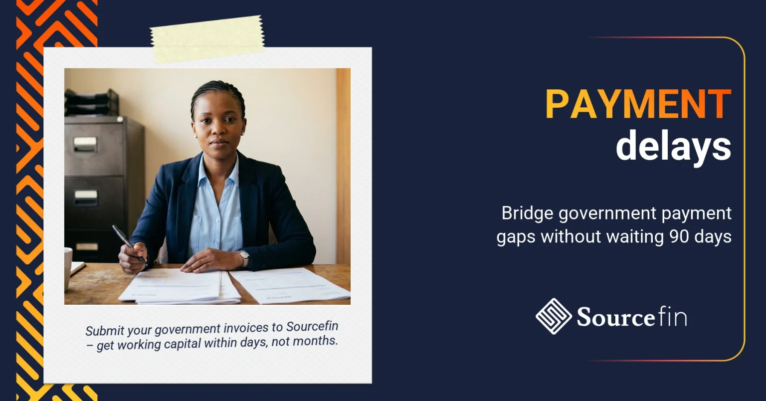 South African SMME business owner reviewing invoices — managing government payment delays with invoice discounting