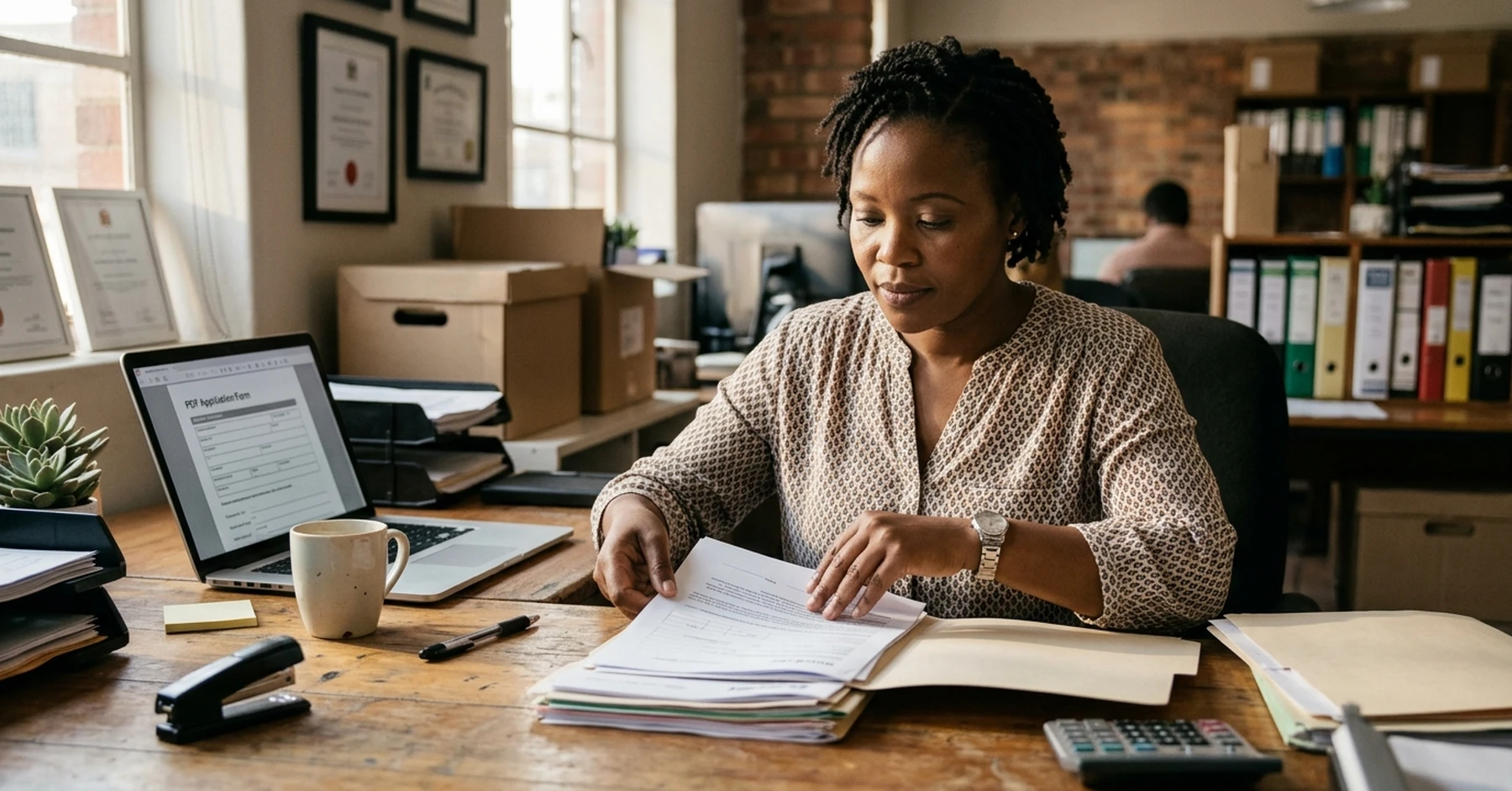 how to apply invoice discounting South Africa – South African SMME owner organising her application document bundle