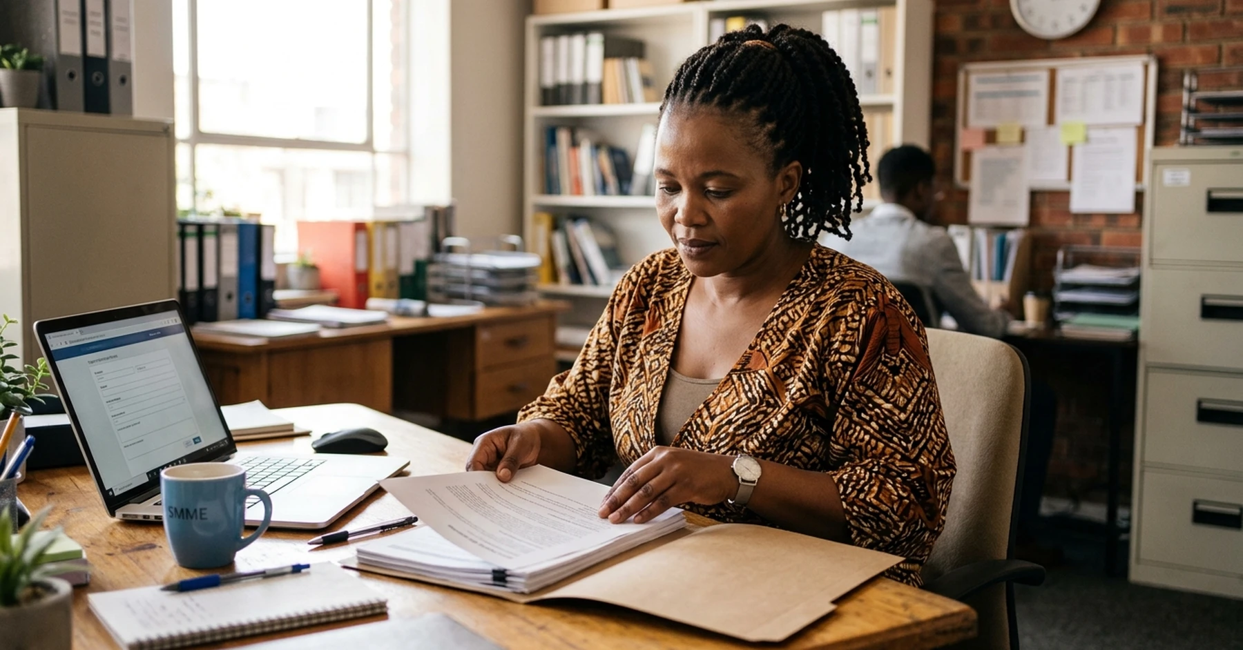 how to apply purchase order funding South Africa – South African SMME owner organising her application document bundle