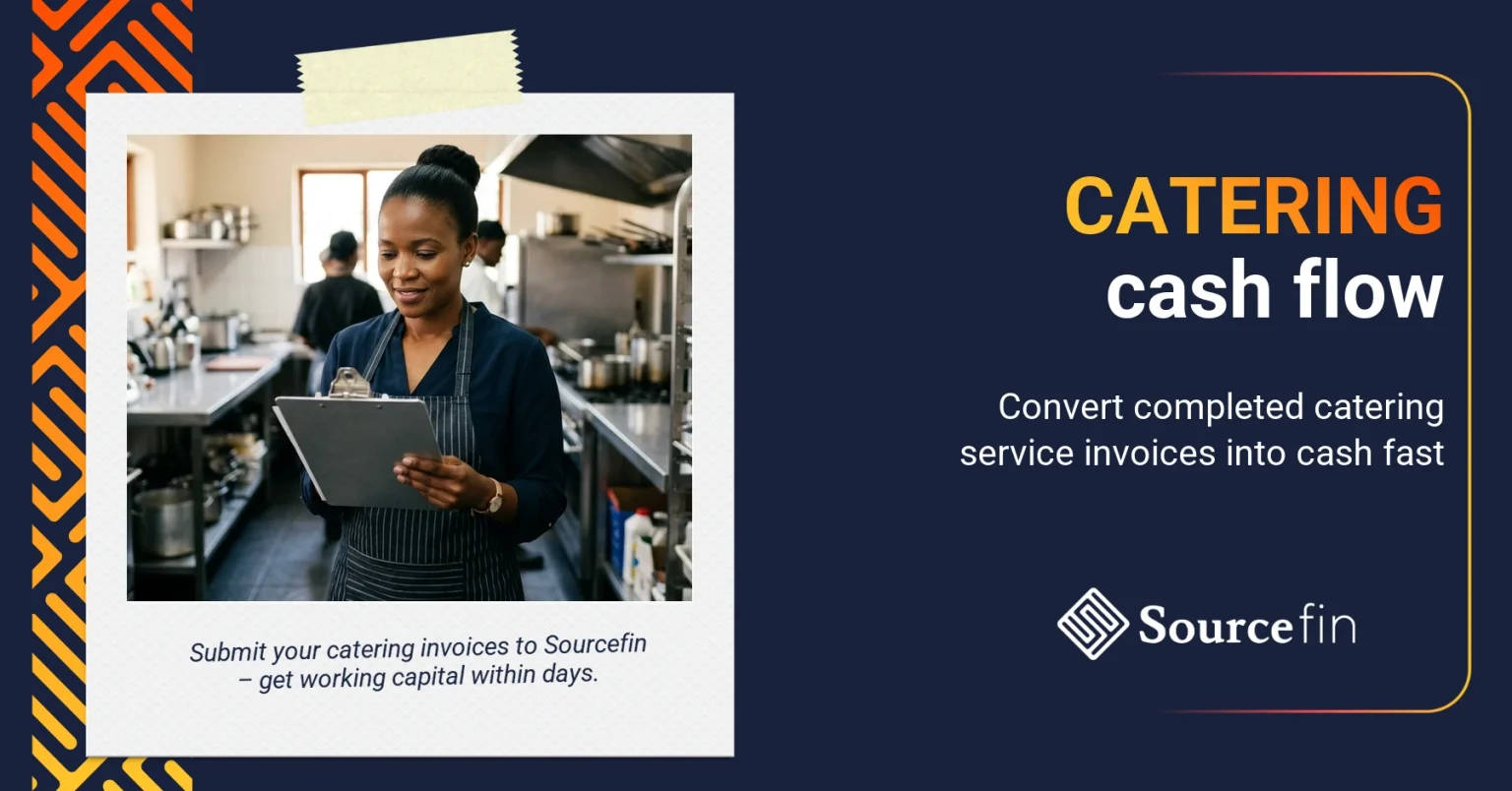 South African catering business owner in commercial kitchen — invoice discounting catering cash flow solution
