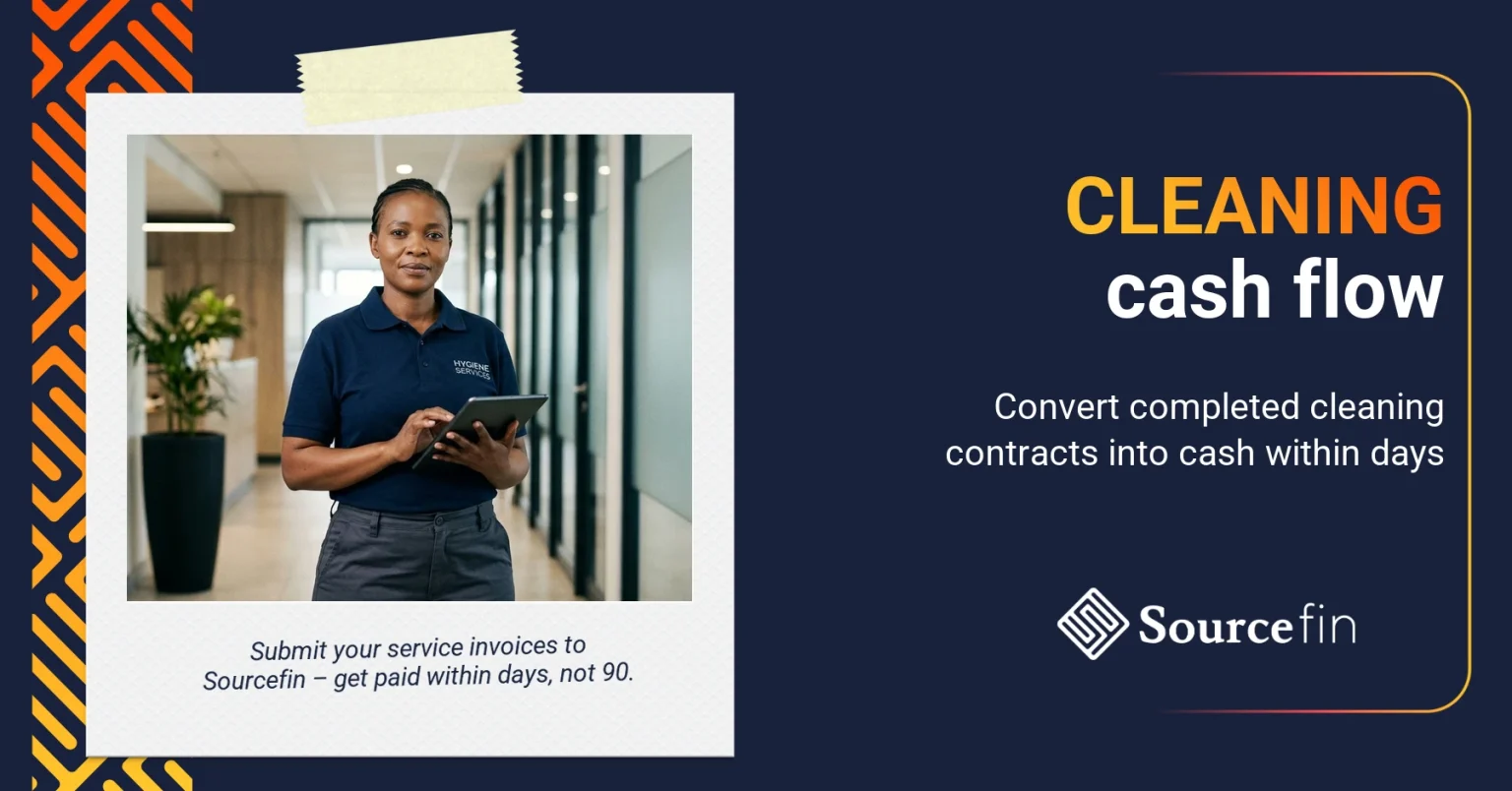 South African cleaning SMME owner in office corridor — invoice discounting cleaning services cash flow solution