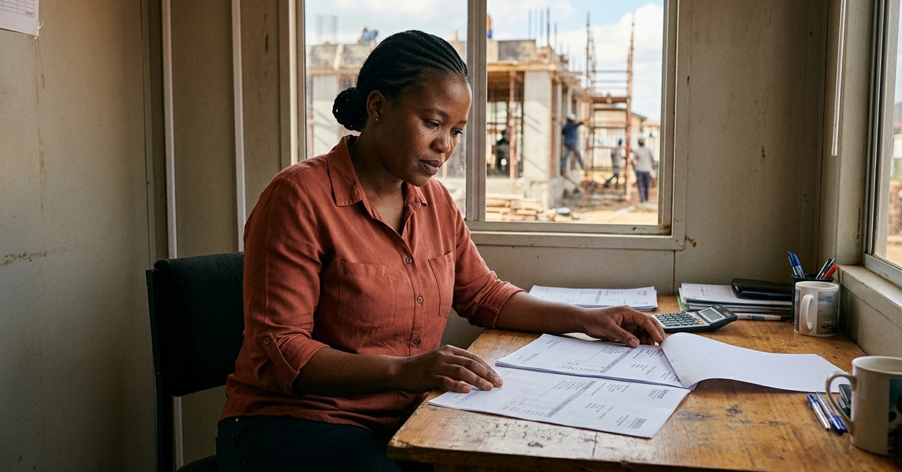 South African female construction project manager reviewing invoices for invoice discounting