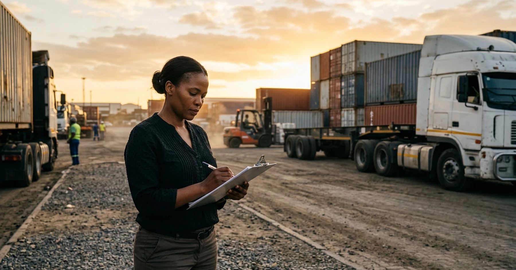 South African logistics SMME owner reviewing documents at freight yard – invoice discounting logistics cash flow solution