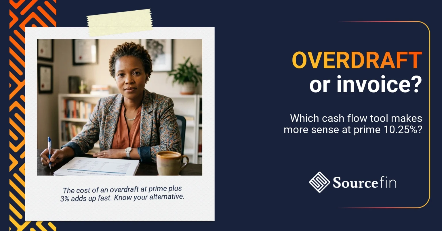 South African SMME business owner comparing invoice discounting overdraft options at her desk