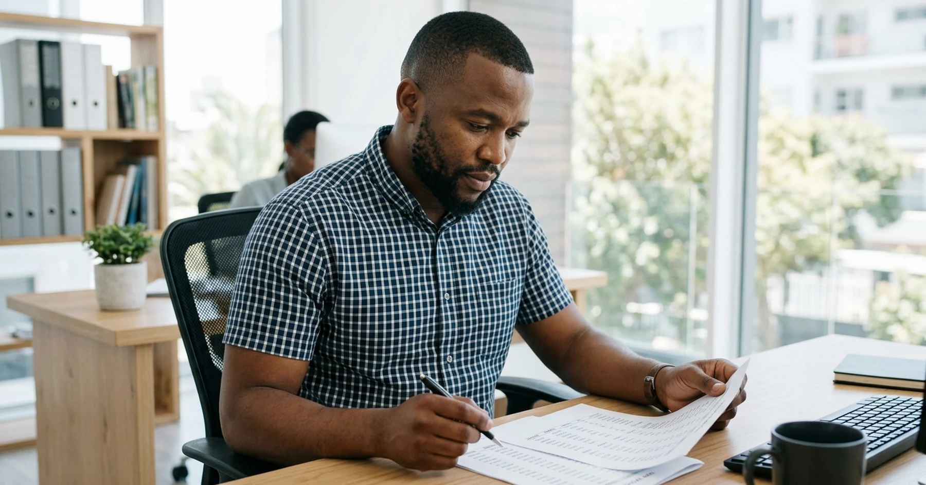 South African SMME owner reviewing bank statement comparing invoice discounting vs overdraft costs