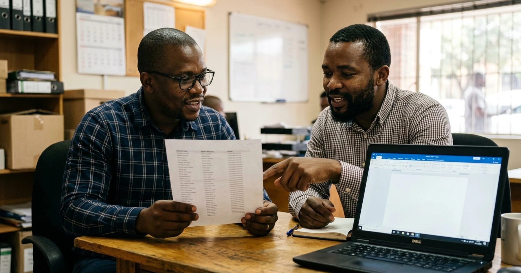 invoice discounting requirements South Africa – South African SMME co-directors reviewing the customer list that drives invoice discounting eligibility